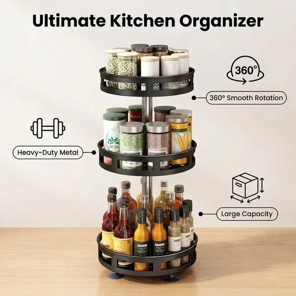 3-Tier Rotating Spice Rack Organizer – Carbon Steel 360° Metal Turntable, Multifunctional Kitchen Seasoning & Condiment Storage Rack, Space-Saving Countertop Spice Jar Organizer - Image 2