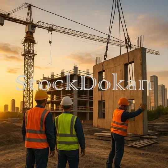 Construction Stock Photo – Workers & Crane at Building Site (4K, Commercial Use)